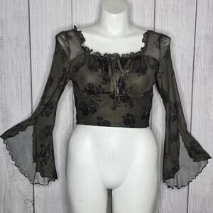 Shein Curve Mesh Bell Sleeve Crop Top Floral Fairy Grunge Goth, sz 0X